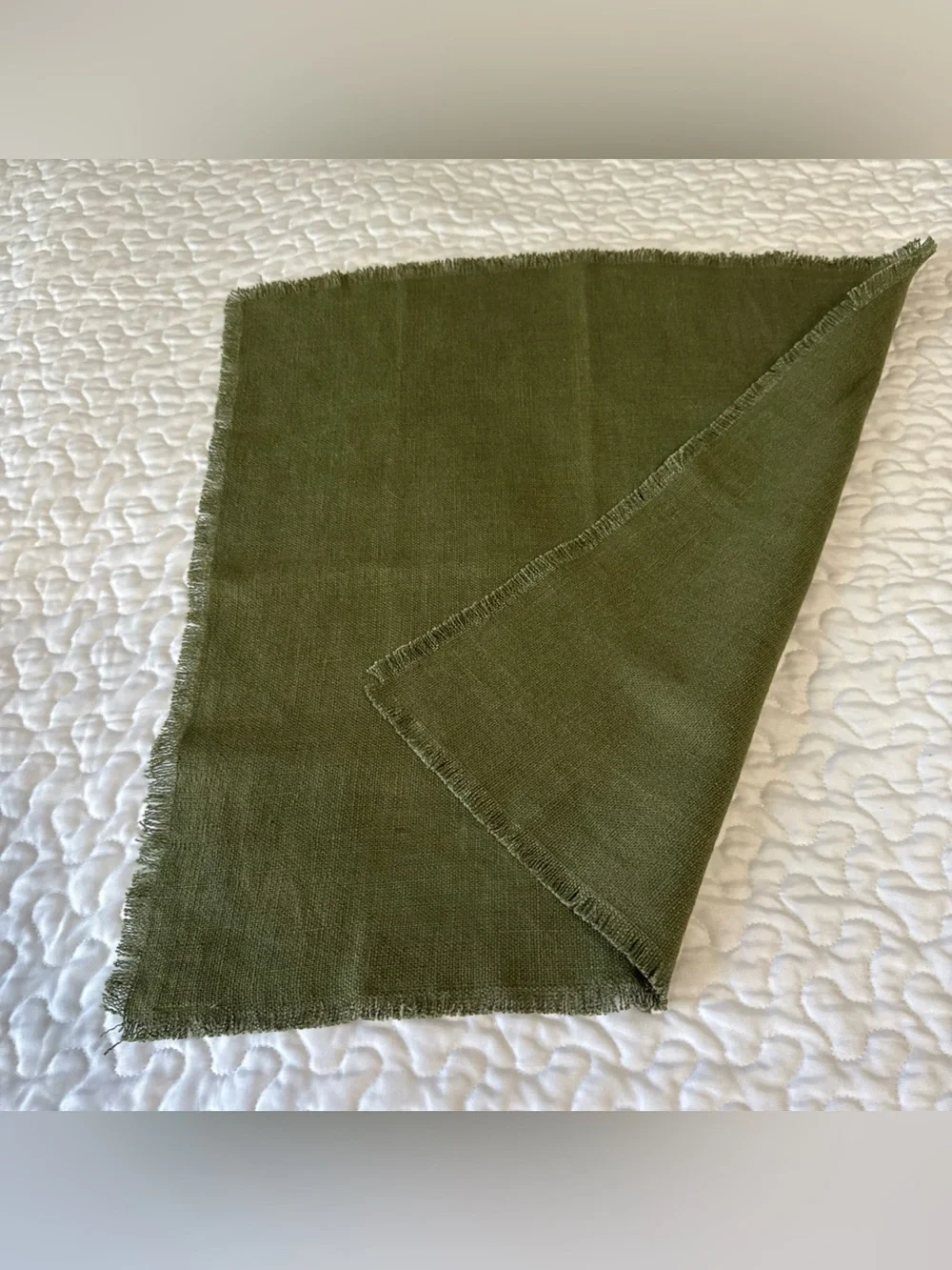 Williams Sonoma California Fringe Square One Linen Napkin Olive Green USA‎ Made